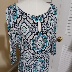 Liz Claiborne Large 5/8th-Sleeve Aqua/Black/White Geometric design Shift Dress